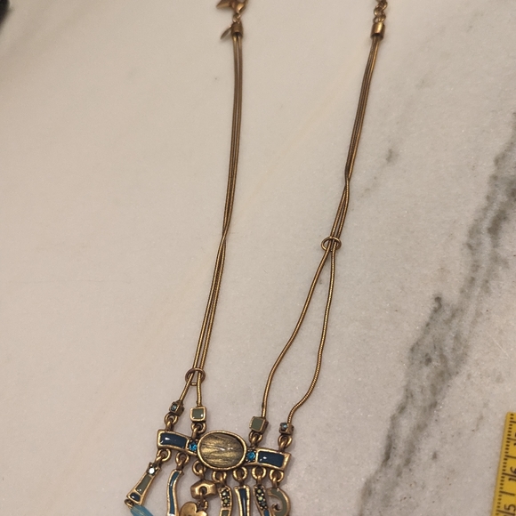 VINTAGE CHICO'S CHATELAINE STATEMENT 2 STRAND BRUSHED GOLD NECKLACE DANGLE BIB - Picture 6 of 11